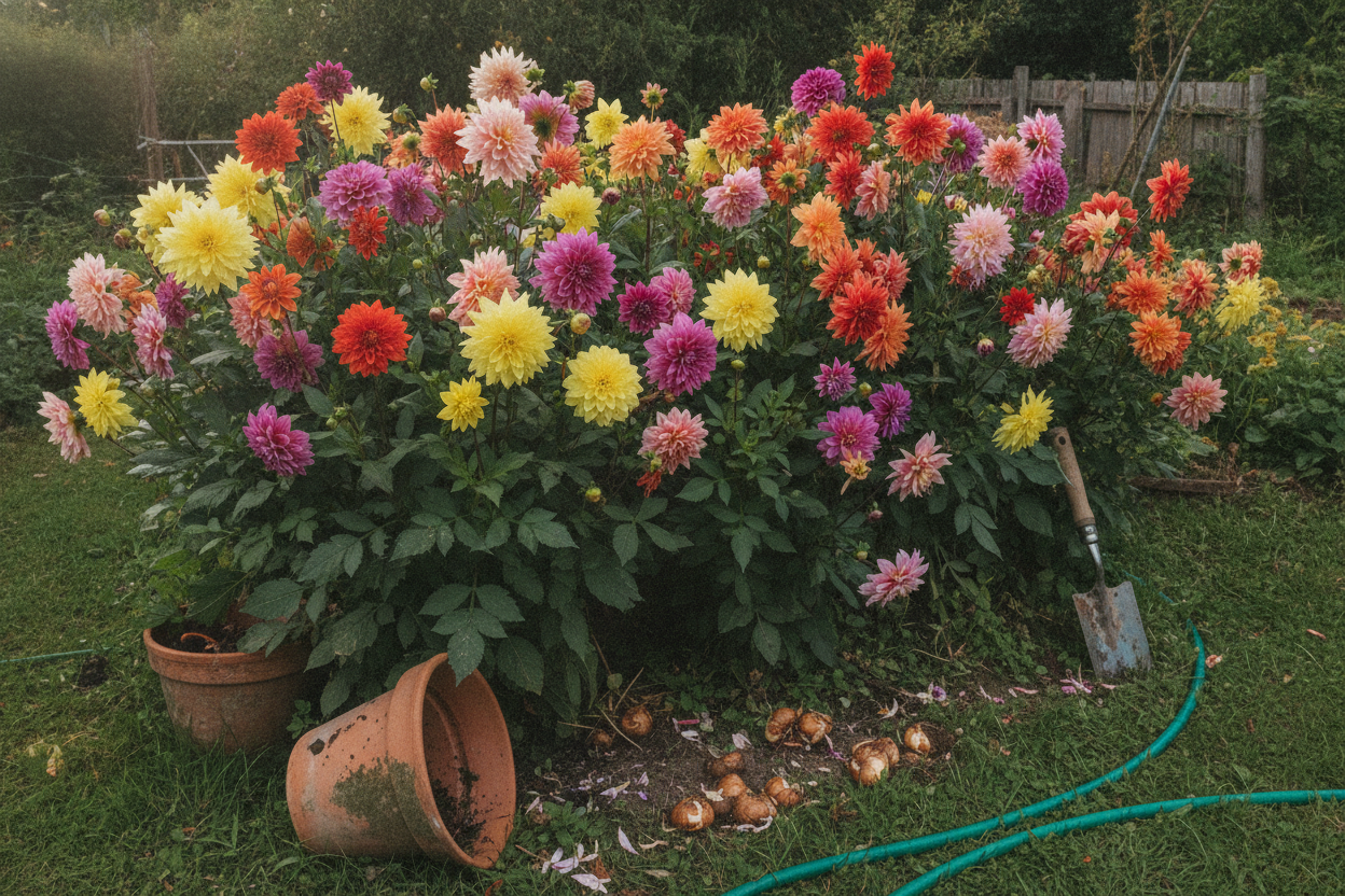 des dahlias en fleur aux couleurs vives dans un massif un peu foisonnant
