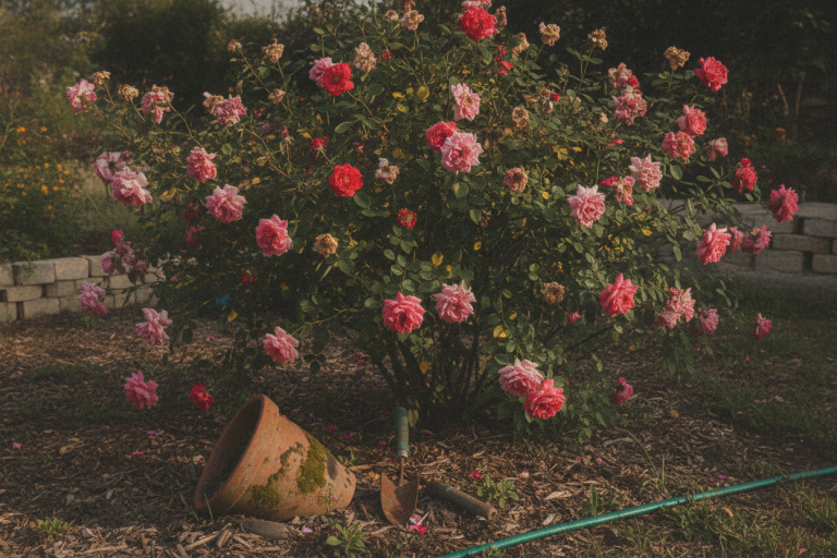 un rosier en fleur un peu ébouriffé dans un jardin de particulier