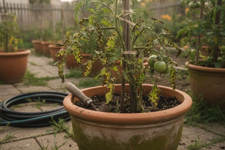 des feuilles de tomate marquées de taches brunes de mildiou, plant de tomate tuteuré au potager